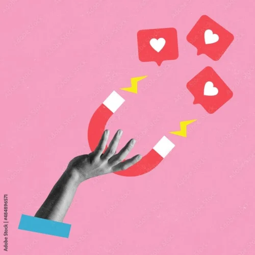 Creative design_ Conemporary art collage with female hand holding magnet and magnetizing likes symbol isolated over pink background Stock Photo _ Adobe Stock
